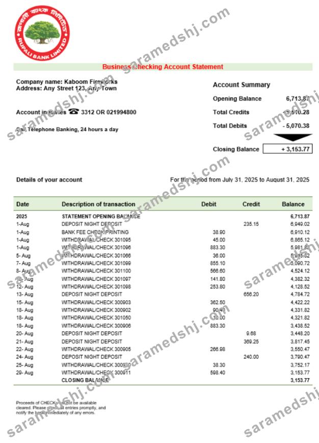 Rupali company checking account statement Word and PDF template
